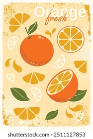 Orange Vintage Poster background. Vector Orange fresh fruit retro yellow orange illustration on old paper background with text.