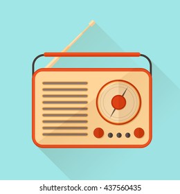 Orange vintage radio on turquoise background. Vector illustration. Flat style.