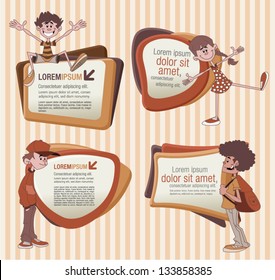 Orange vintage text frames with cartoon teenagers