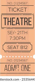 Orange vintage theatre ticket for a show on september 21th at 7,30 pm, seat b12, with a distressed texture and decorative elements