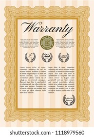 Orange Vintage Warranty Certificate template. Detailed. With quality background. Money style design. 