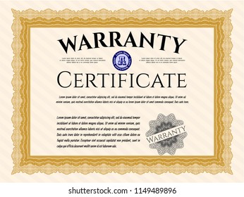 Orange Vintage Warranty Certificate template. Nice design. Detailed. With background. 
