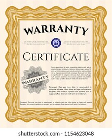 Orange Vintage Warranty Certificate template. Easy to print. Vector illustration. Money design. 