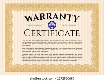 Orange Vintage Warranty Certificate template. Customizable, Easy to edit and change colors. With quality background. Money style design. 
