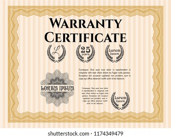 Orange Vintage Warranty Certificate template. With great quality guilloche pattern. Money Pattern. Vector illustration. 