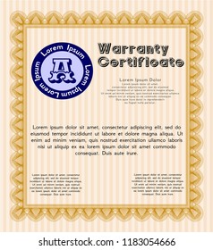 Orange Vintage Warranty Certificate template. With guilloche pattern. Detailed. Retro design. 