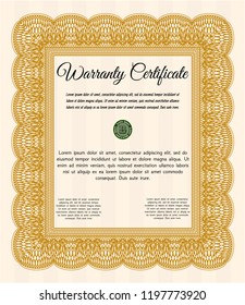 Orange Vintage Warranty Certificate template. Lovely design. With background. Detailed. 