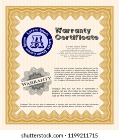 Orange Vintage Warranty Certificate template. With complex linear background. Detailed. Money design. 