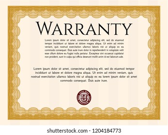 Orange Vintage Warranty Certificate template. With guilloche pattern and background. Nice design. Detailed. 