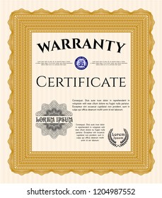 Orange Vintage Warranty Certificate template. With complex linear background. Retro design. Vector illustration. 