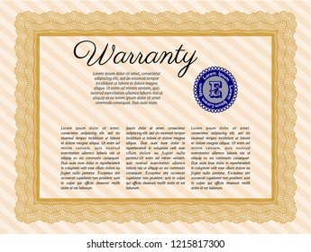 Orange Vintage Warranty Certificate template. With quality background. Detailed. Sophisticated design. 