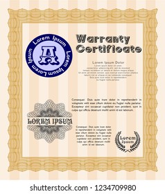 Orange Vintage Warranty Certificate template. Sophisticated design. Customizable, Easy to edit and change colors. With guilloche pattern and background. 