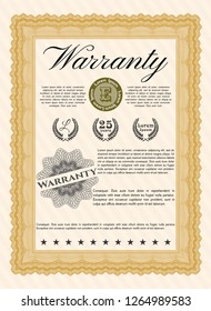 Orange Vintage Warranty Certificate template. With complex background. Superior design. Detailed. 