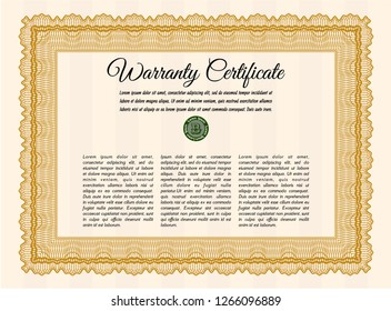 Orange Vintage Warranty Certificate template. With complex background. Excellent design. Customizable, Easy to edit and change colors. 