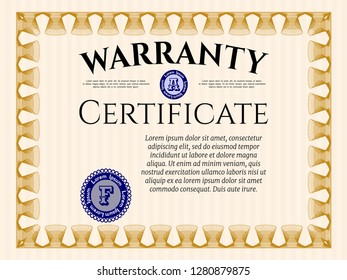 Orange Vintage Warranty Certificate template. With great quality guilloche pattern. Customizable, Easy to edit and change colors. Sophisticated design. 