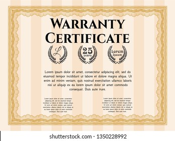 Orange Vintage Warranty Certificate template. With quality background. Detailed. Modern design. 