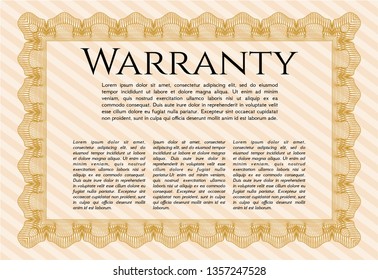 Orange Vintage Warranty Certificate template. With complex background. Money style design. Detailed. 