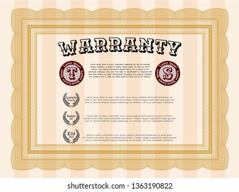 Orange Vintage Warranty Certificate template. With complex linear background. Detailed. Good design. 