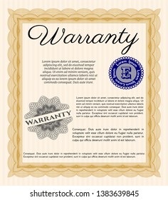 Orange Vintage Warranty Certificate template. Excellent design. Vector illustration. With background. 
