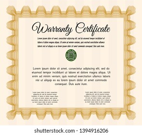 Orange Vintage Warranty Certificate template. Detailed. With guilloche pattern. Elegant design. 