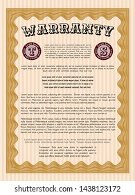 Orange Vintage Warranty Certificate template. Cordial design. Detailed. With background. 