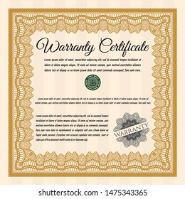 Orange Vintage Warranty Certificate template. Excellent design. Vector illustration. With quality background. 