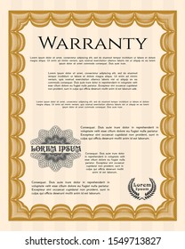 Orange Vintage Warranty Certificate template. Detailed. With linear background. Sophisticated design. 