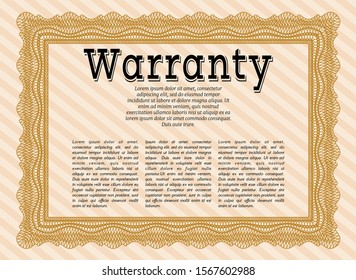 Orange Vintage Warranty Certificate template. Artistry design. Vector illustration. Printer friendly. 