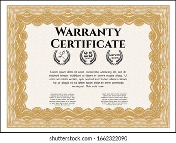 Orange Vintage Warranty Certificate template. Detailed. With complex linear background. Retro design. 