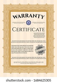 Orange Vintage Warranty Certificate template. Nice design. With background. Vector illustration. 