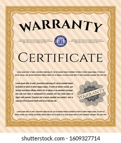 Orange Vintage Warranty template. With complex linear background. Detailed. Money Pattern. 