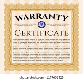 Orange Vintage Warranty template. Detailed. With guilloche pattern. Retro design. 