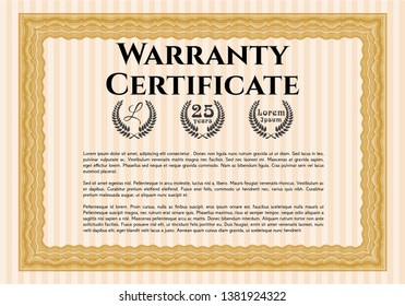 Orange Vintage Warranty template. Detailed. With complex background. Money style design. 