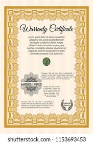 Orange Vintage Warranty template. With guilloche pattern. Modern design. Vector illustration. 