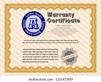 Orange Vintage Warranty template. With guilloche pattern and background. Detailed. Cordial design. 