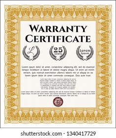 Orange Vintage Warranty template. With guilloche pattern. Lovely design. Vector illustration. 