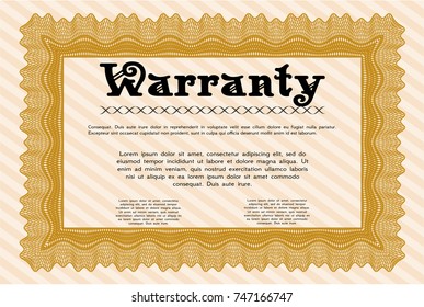 Orange Vintage Warranty template. With linear background. Detailed. Sophisticated design. 