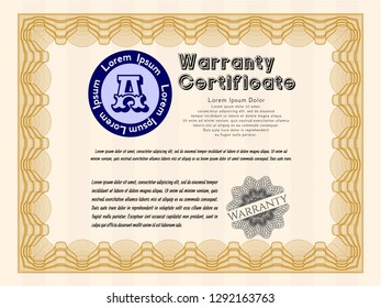 Orange Vintage Warranty template. Modern design. Complex background. Vector illustration. 