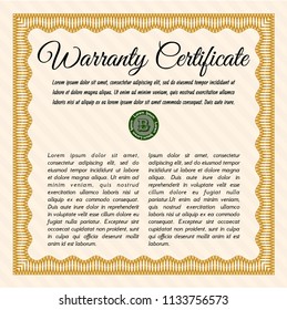Orange Vintage Warranty template. Money Pattern. Easy to print. Vector illustration. 