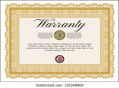 Orange Vintage Warranty template. Printer friendly. Vector illustration. Nice design. 