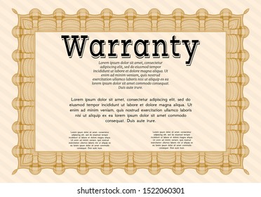 Orange Vintage Warranty template. Retro design. Vector illustration. With complex linear background. 