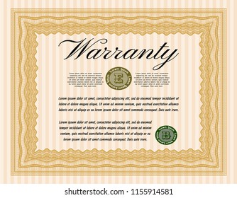 Orange Vintage Warranty template. Sophisticated design. With great quality guilloche pattern. Detailed. 