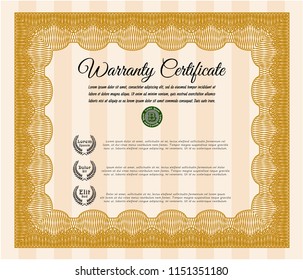 Orange Vintage Warranty template. Superior design. With complex linear background. Vector illustration. 