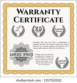 Orange Vintage Warranty template. Vector illustration. With linear background. Excellent design. 