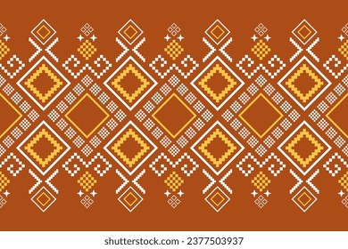 Orange vintages cross stitch traditional ethnic pattern paisley flower Ikat background abstract Aztec African Indonesian Indian seamless pattern for fabric print cloth dress carpet curtains and sarong