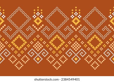 Orange vintages cross stitch traditional ethnic pattern paisley flower Ikat background abstract Aztec African Indonesian Indian seamless pattern for fabric print cloth dress carpet curtains and sarong