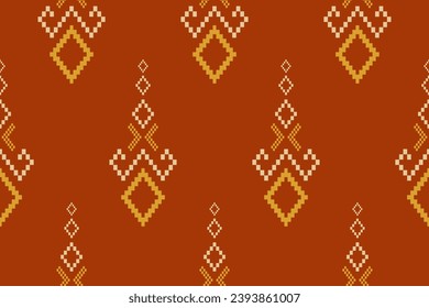 Orange vintages cross stitch traditional ethnic pattern paisley flower Ikat background abstract Aztec African Indonesian Indian seamless pattern for fabric print cloth dress carpet curtains and sarong