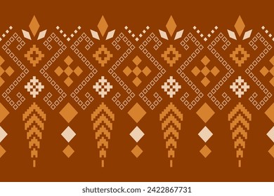 Orange vintages cross stitch traditional ethnic pattern paisley flower Ikat background abstract Aztec African Indonesian Indian seamless pattern for fabric print cloth dress carpet curtains and sarong