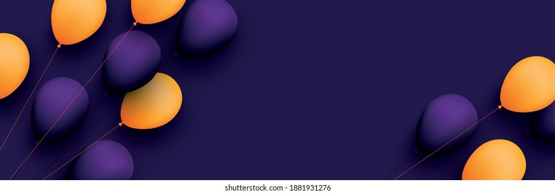 Orange and violet balloons with threads on dark violet background. Space for text. Vector festive illustration.