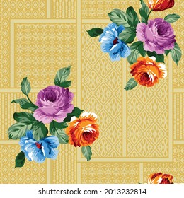 orange violet and blue vector flowers with green leaves bunches pattern on seamless yellow negative bandanna background